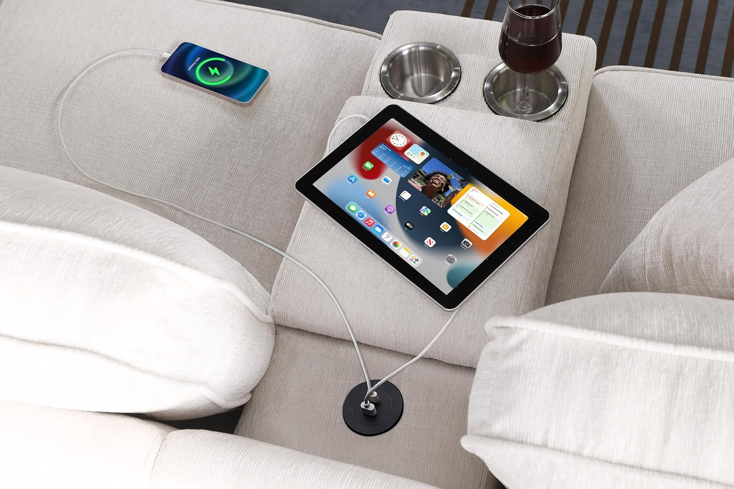 127" L-Shaped Sectional Couches for Living Room with Movable Ottoman,2 Cup Holders & USB Ports,7 Seat Chenille Upholstered Sofa W/6 Throw Pillows & Hidden Storage Box,Diy Combination,Beige