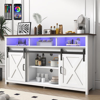 Farmhouse Coffee Bar Cabinet with Power Outlet, Rustic Sideboard Buffet Storage Cabinet with Storage, Wood Buffet Cabinet Serving Table Cupboard for Dining Room, Living Room, White