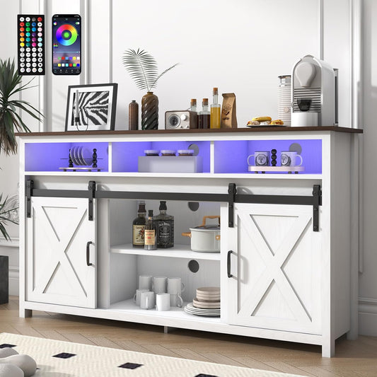 Farmhouse Coffee Bar Cabinet with Power Outlet, Rustic Sideboard Buffet Storage Cabinet with Storage, Wood Buffet Cabinet Serving Table Cupboard for Dining Room, Living Room, White