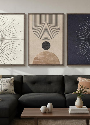 Framed Large Bohemian Neutral Abstract Wall Art Set - Black and Beige Sun and Moon Canvas Prints for Living Room, Hallway, and Office - 3-Piece Modern Minimalist Artwork (24x36 Inches)