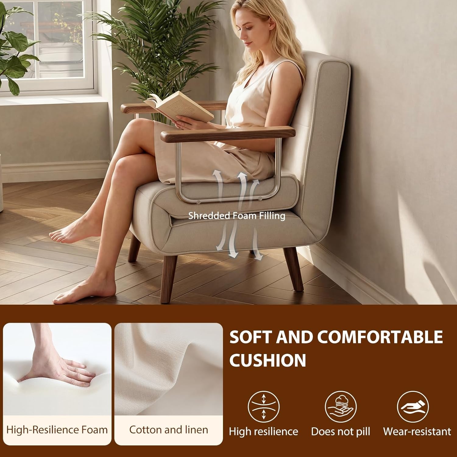 SUIYIMU Folding Chair Bed, 3-In-1 Convertible Sleeper Chair Bed, Futon Chair with 6-Level Adjustable Backrest for Guest Room Apartment Dorm, Cream Beige-Walnut