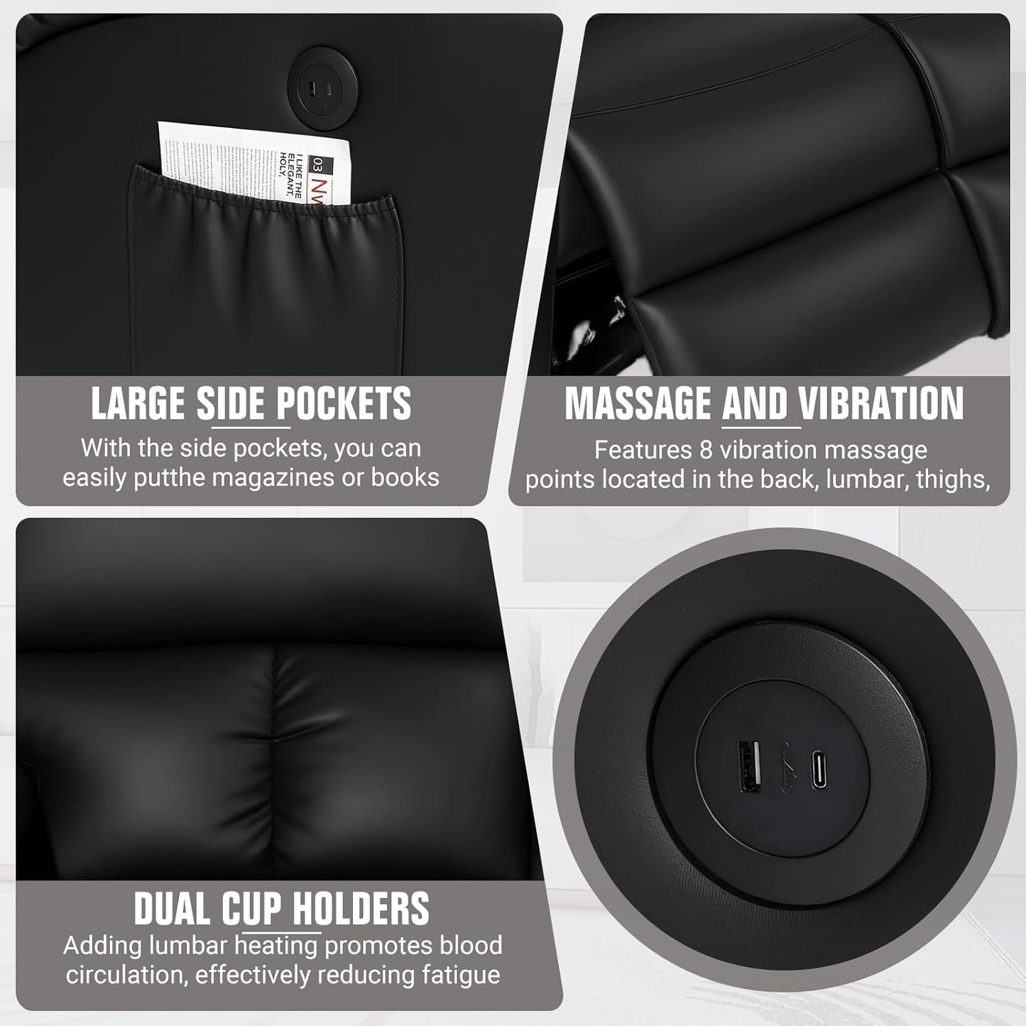 Home Theater Seating,Rv Recliner Sofa with Massage and Heat,Manual RV Recliner Loveseat with Usb/Cup Holders and Side Pocket for Living Room,3 Seater Black