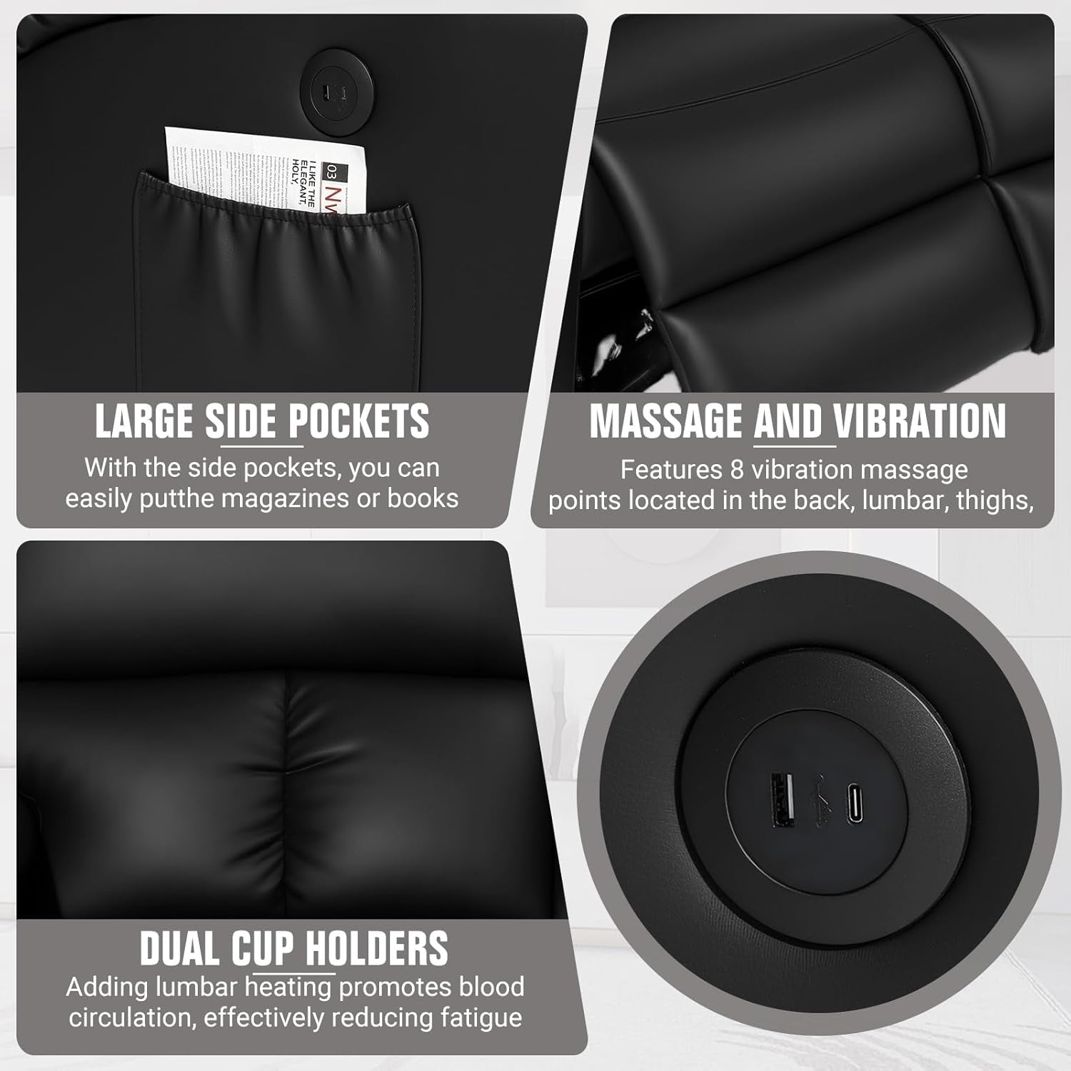 Home Theater Seating,Rv Recliner Sofa with Massage and Heat,Manual RV Recliner Loveseat with Usb/Cup Holders and Side Pocket for Living Room,3 Seater Black