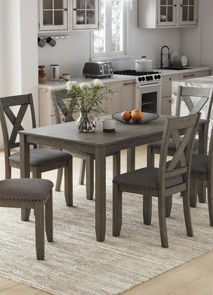 Caitbrook Rustic 7-Piece Dining Set by Signature Design by Ashley - Rectangular Table with Six X-Back Upholstered Chairs in Gray