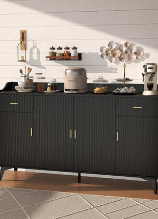 63" Black Fluted Sideboard Buffet Cabinet with Drawers and Storage for Modern Kitchens and Living Rooms