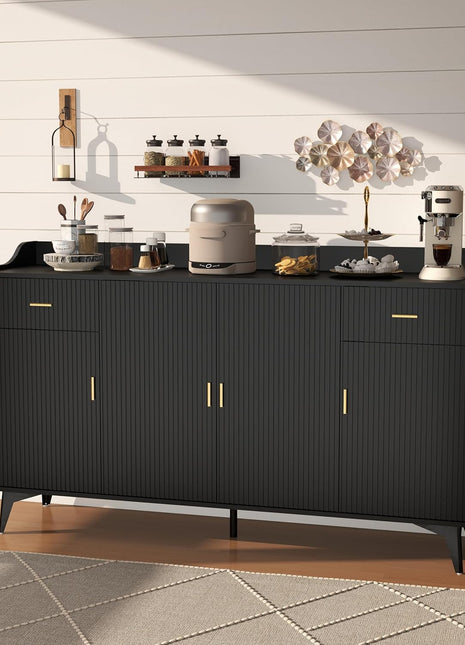 63" Black Fluted Sideboard Buffet Cabinet with Drawers and Storage for Modern Kitchens and Living Rooms
