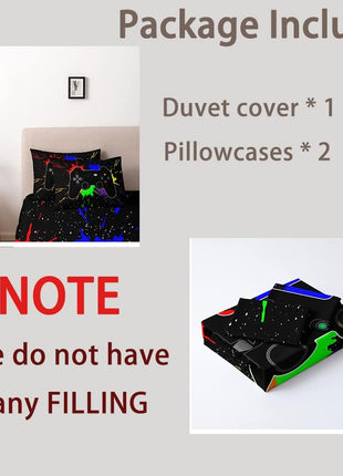 Twin Size Gamer Bedding Set - Gamepad Duvet Cover with 2 Pillowcases, Black 3-Piece Bedroom Decor for Boys