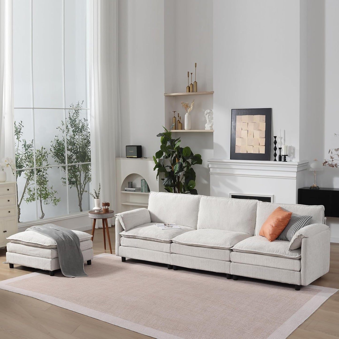 108" Cloud Sectional Couches for Living Room, Convertible L Shaped Modular Sectional Sofa with Movable Ottoman, 3-Seat Chenille Cloud Couch with Deep Seat for Bedroom, Apartment, Beige