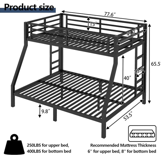 Twin over Full Bunk Bed with Ladders, Metal Bunk Beds Frame with Full-Length Guardrails, Heavy-Duty Bunkbed for Bedroom, Guest Room, Dorms, Noise-Reduce and No Spring Box Needed, Black