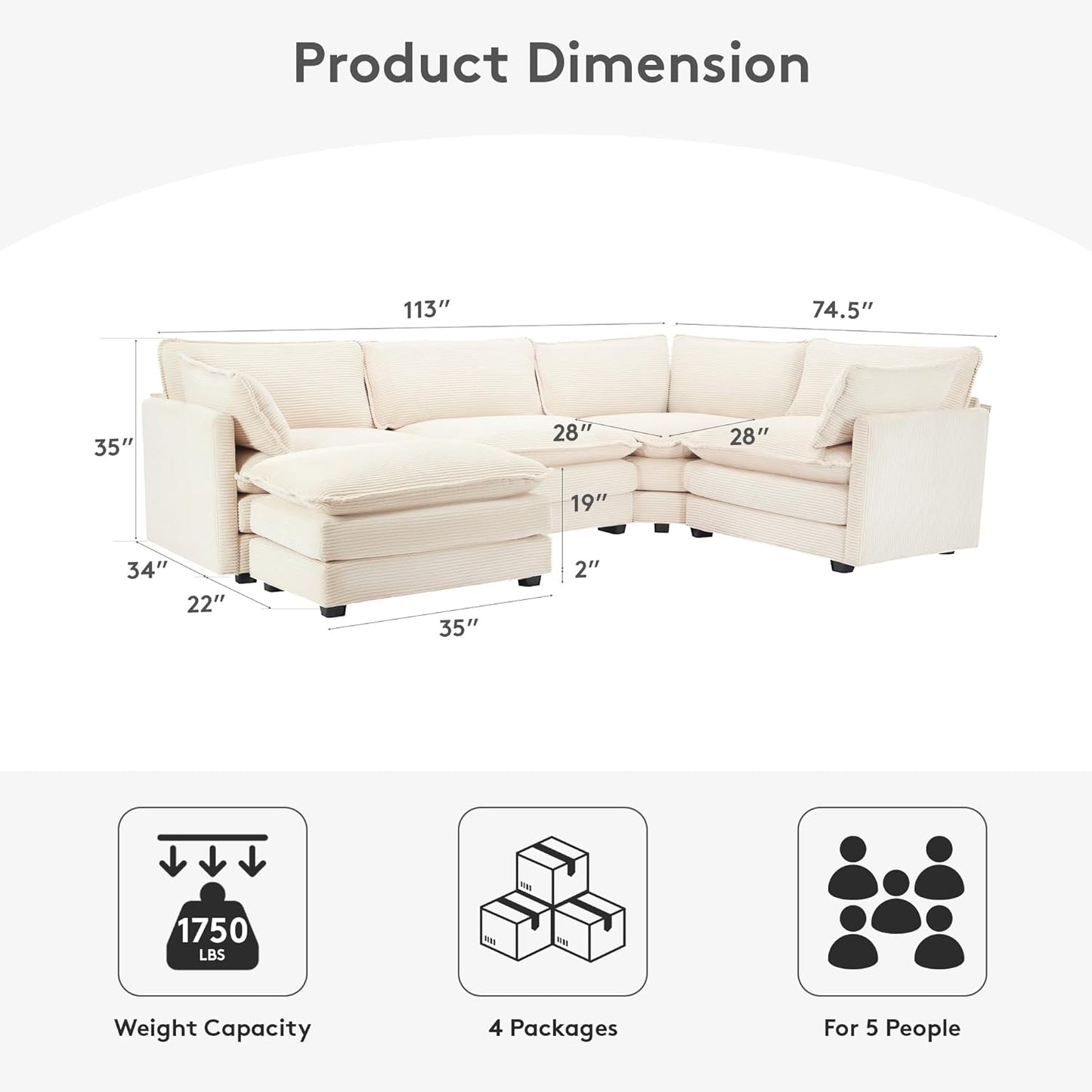 113'' Modular Sectional Cloud Couch, 5 Seater Corner Sofa Big Comfy Corduroy Oversized L Shaped Couch with 2 Pillows, Chaise, Ottoman, Deep Seat Sectional Couches for Living Room Office, Beige