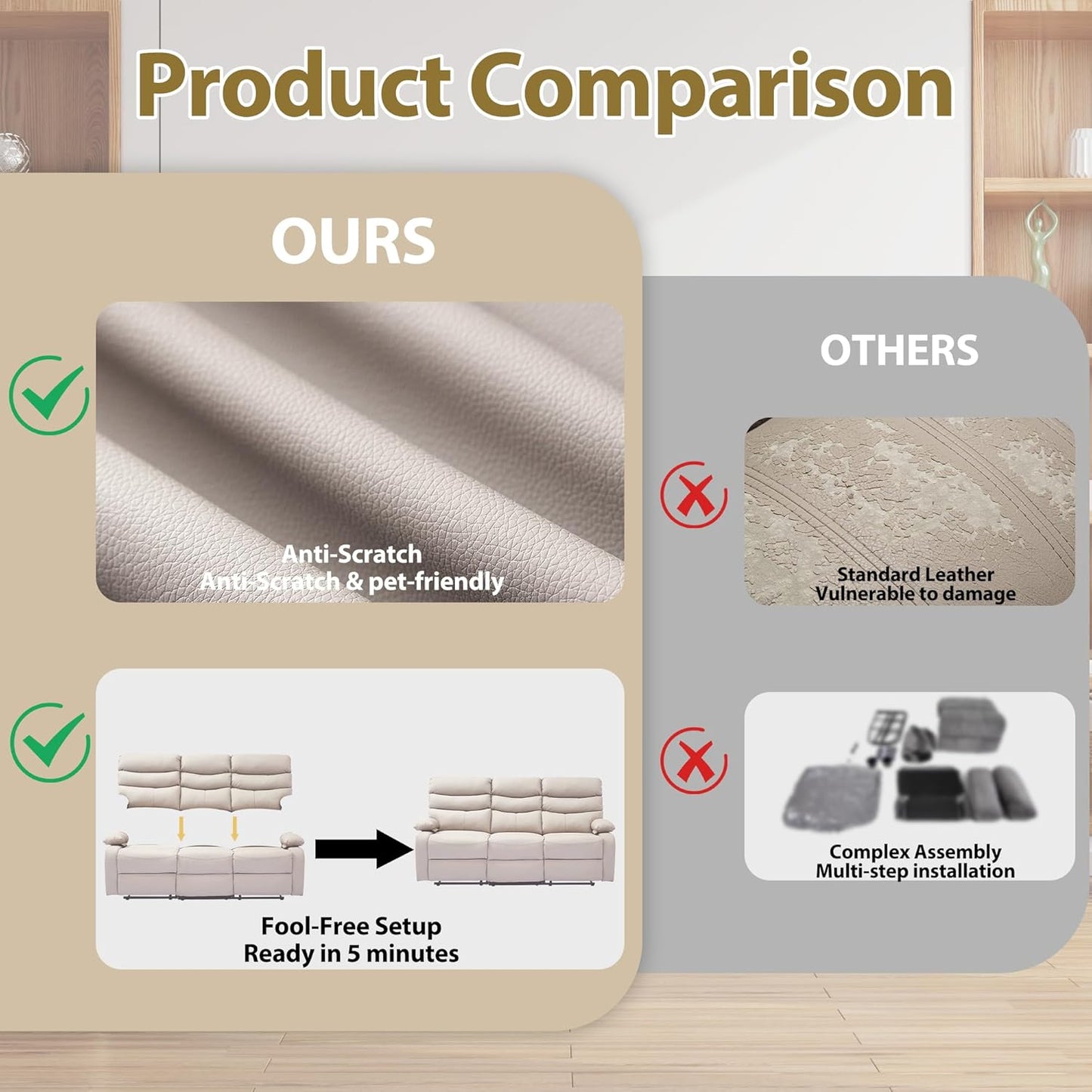 Manual 3 Seat Reclining Sofa Leather 3-Seater Manual Reclining Couch with Overstuffed Arms 3 Seater Couch Recliner Hidden Storage for for Living Room RV Home Theater Apartment Beige