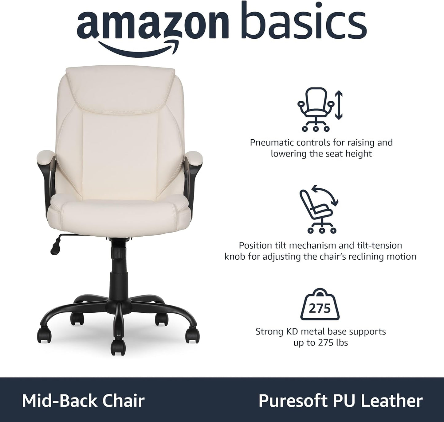 Classic Puresoft PU Padded Mid-Back Height Adjustable Office Computer Desk Chair with Armrest, 26"D X 23.75"W X 42"H, Cream