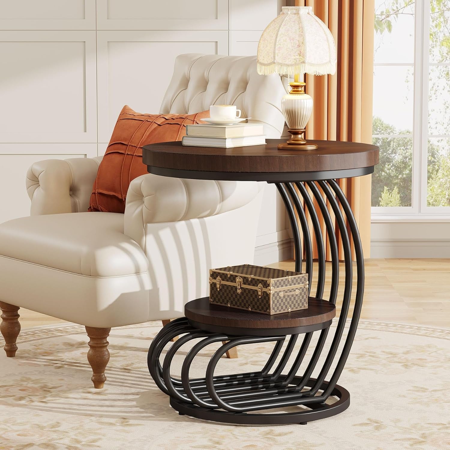 round End Side Table: Side Table with 2 Tiers Storage Shelves, Vintage End Table for Living Room, Small Bedside Table Accent Table with Arc-Shaped Frame, Rustic Brown