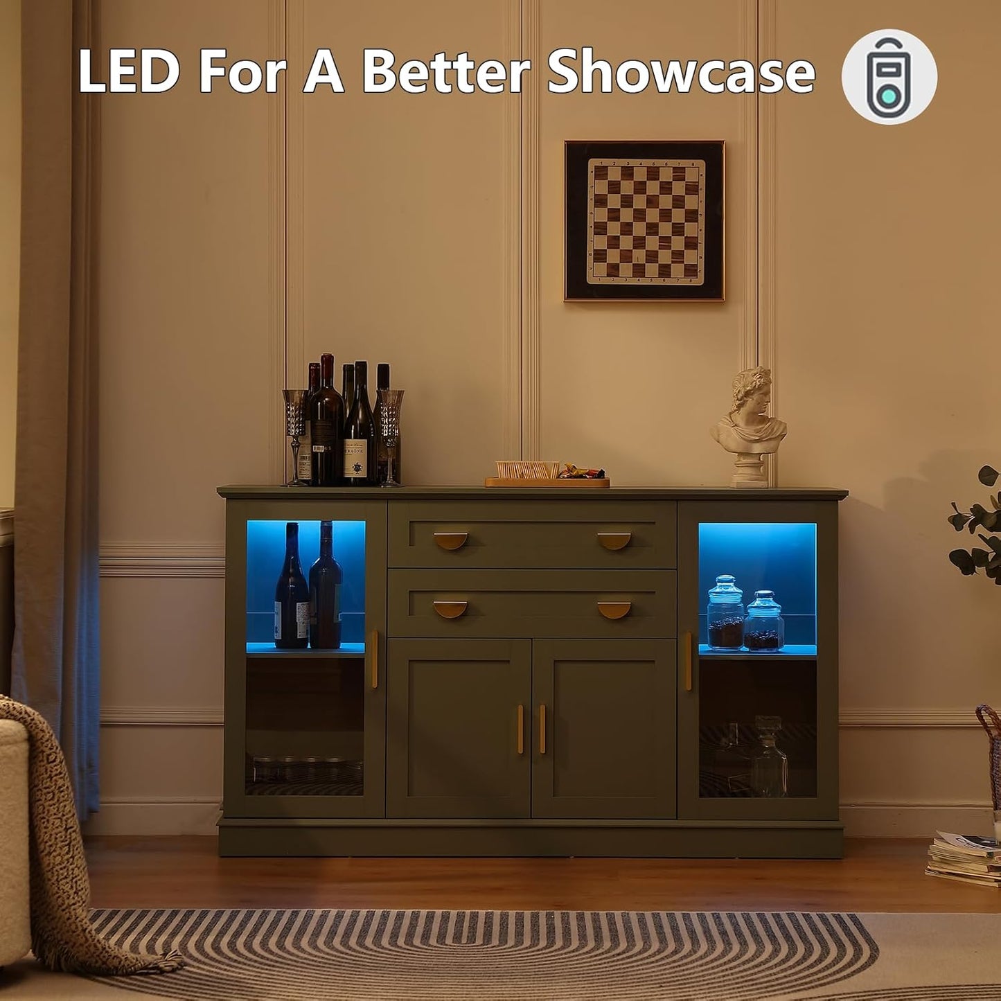 58.27'' Buffet Cabinet with 2 Drawers and Adjustable Shelves,Large Glass Door Coffee Bar Cabinet,Modern Farmhouse Sideboard Credenza for Kitchen,Green