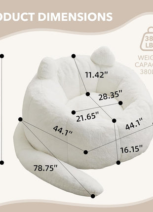 Large Cat-Shaped Bean Bag Chair - Faux Fur Upholstered Sofa for Adults with Padded Design and Cat Tail Accent, Soft Living Room Chair (White)