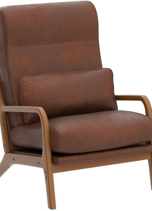 Karl Mid-Century Modern Accent Chair with Pillow, High Back Bronzing Fabric Upholstery, Solid Wood Frame, and Plush Cushion for Living Room, Bedroom, or Balcony - Brown