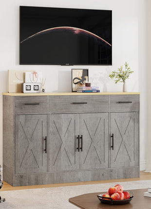 53.4" Farmhouse Buffet Cabinet with Storage, Featuring 3 Drawers and 4 Doors, Adjustable Shelf for Kitchen and Living Room, Gray Finish