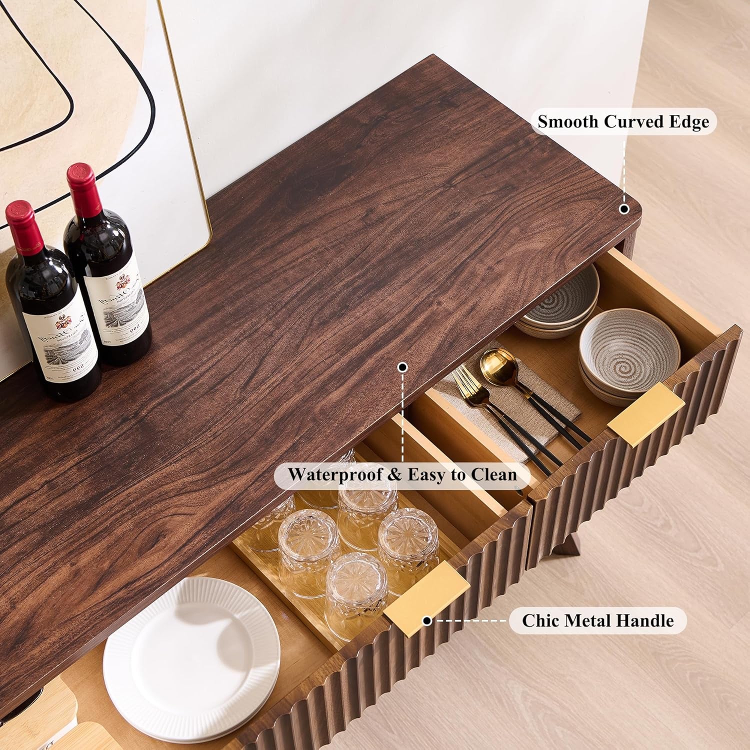 Fluted Buffet Sideboard Cabinet with Storages, 60" Large Modern Buffet Table Coffee Bar Wine Bar Storage Cabinet with 3 Drawers & 4 Doors for Dining Room, Living Room, Hallway(Dark Walnut)