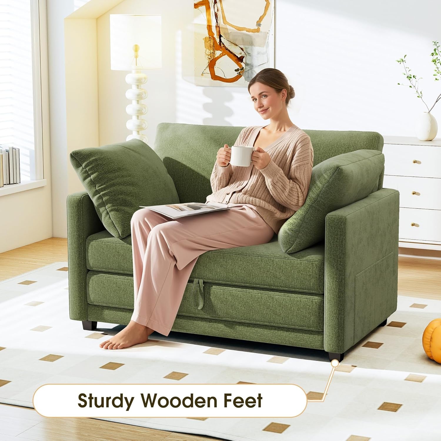 51" Convertible Loveset Sof Bed, 2 In1 Folding Sof Bed, Loveset Sleeper Sof for Smll Spces, Fold Out Floor Couch with 2 Pillows for prtment, Living Room & Guest Room, Green Chenille Fbric