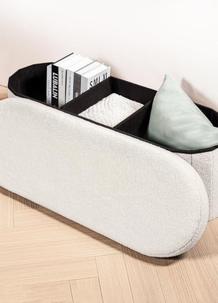 Collapsible Storage Ottoman for Living Room - Sherpa Upholstered Footrest and Bedroom Bench, 43.3 Inches, White