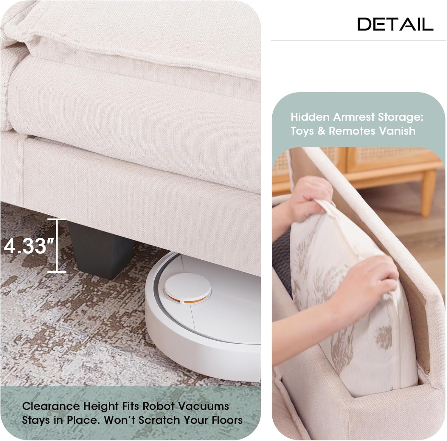 97" 5-Seat Modular Sectional Sofa, Convertible L-Shaped Comfy Cloud Couch with Armrest Storage and Two Pillows for Living Room, Bedroom, Apartment, Beige