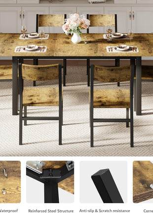 7-Piece Extendable Dining Set for 4-6 with 63" Kitchen Table and 6 Chairs, MDF and Metal Frame, Perfect for Compact Spaces, Easy Assembly, Rustic Brown Finish