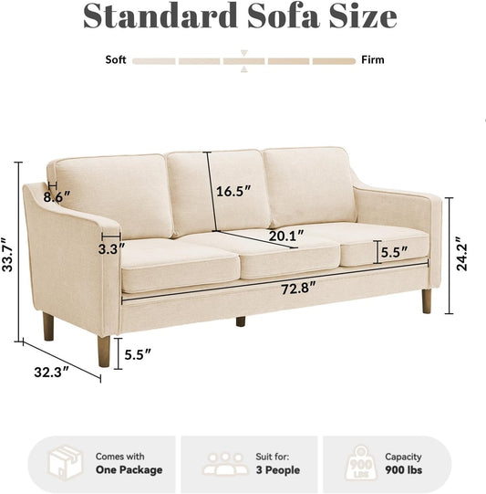 80" Chenille Sofa, 3 Seater Couch, Mid Century Modern Couches with Solid Wood Legs for Living Room & Bedroom, Beige