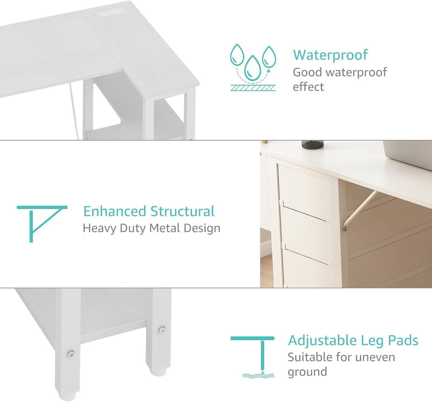 White L Shaped Computer Desk with Drawers & Storage Shelves, 47 Inch Corner Reversible Desk with Power Outlet for Home Office Bedroom, L-Shaped Teen PC Desks with Fabric Drawer, White