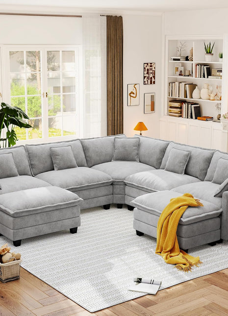113.8" Modular Sectional Sofa - Modern Deep Seat Cloud Couch for Living Room, 5-Seater Chenille Fabric L-Shaped Sofa with Throw Pillows and Movable Ottoman for Apartments