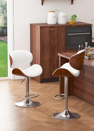 Set of 2 Adjustable Height Swivel Bar Stools with Bentwood Design, PU Leather Upholstery, Backrest, and Footrest for Bar, Kitchen, and Dining Room in White