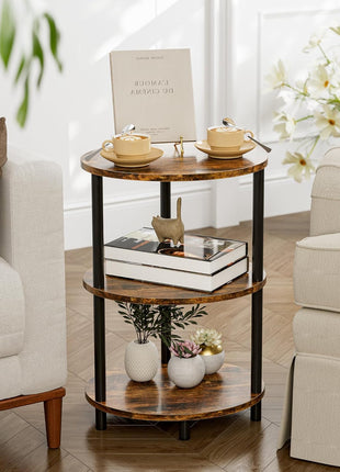 Round Pedestal End Table - 3-Tier Oval Accent Table for Small Spaces, Rustic Wood and Metal Design, Versatile Nightstand for Bedroom or Living Room, Easy Assembly, Rustic Brown Finish