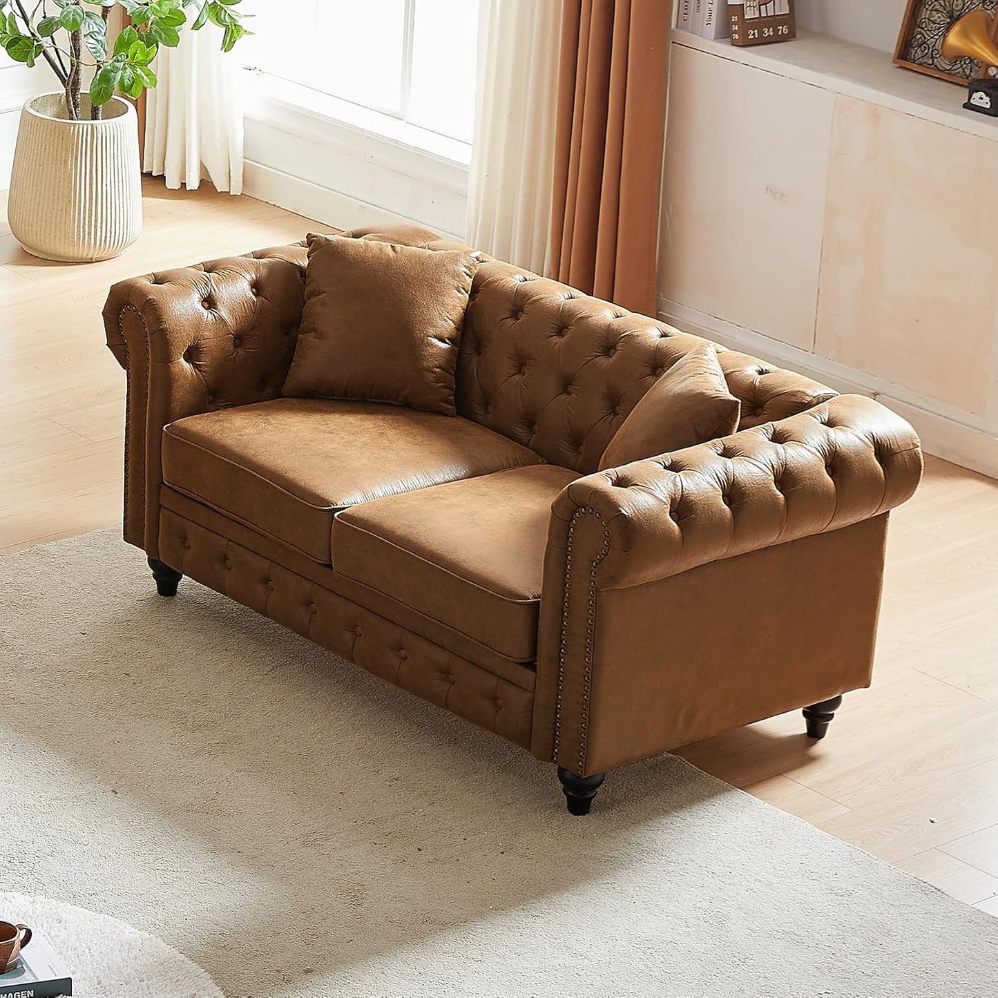 Modern Chesterfield Sofa Couch, 63.5-Inch Faux Leather Loveseat Sofa with Rolled Armrests and Tufted Button for Living Room, Office, Brown
