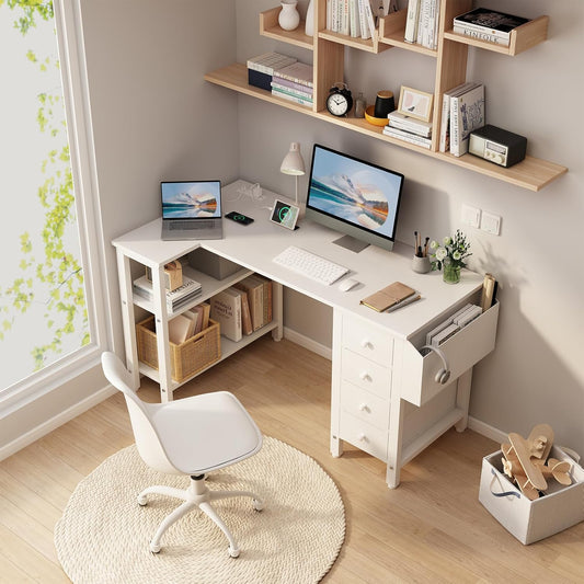 White L Shaped Computer Desk with Drawers & Storage Shelves, 47 Inch Corner Reversible Desk with Power Outlet for Home Office Bedroom, L-Shaped Teen PC Desks with Fabric Drawer, White