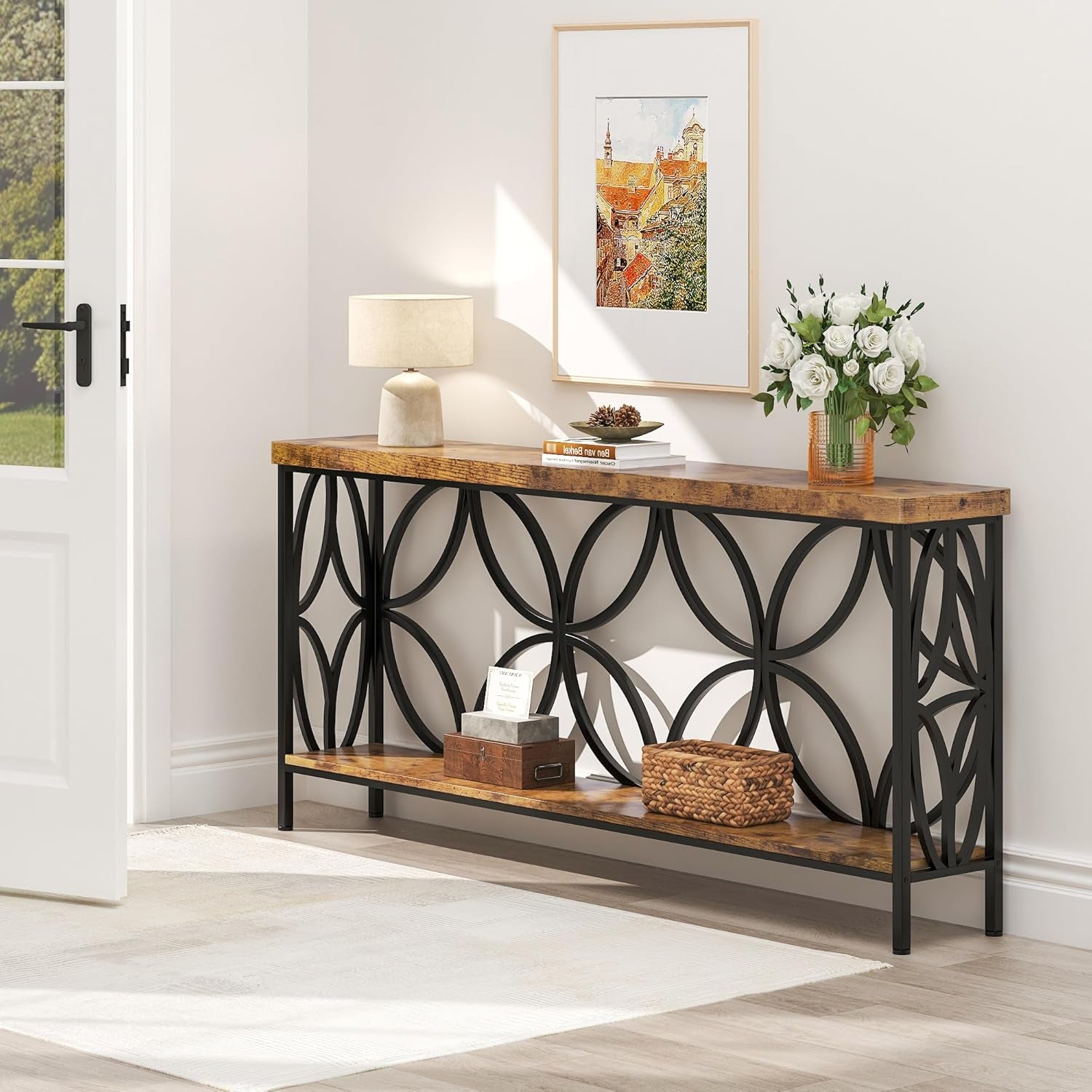 70.9 Inch Extra Long Console Table, Industrial Sofa Table behind Couch with 2 Tier Storage Shelf, Narrow Long Entryway Table for Living Room, Foyer, Hallway, Office, Rustic Brown