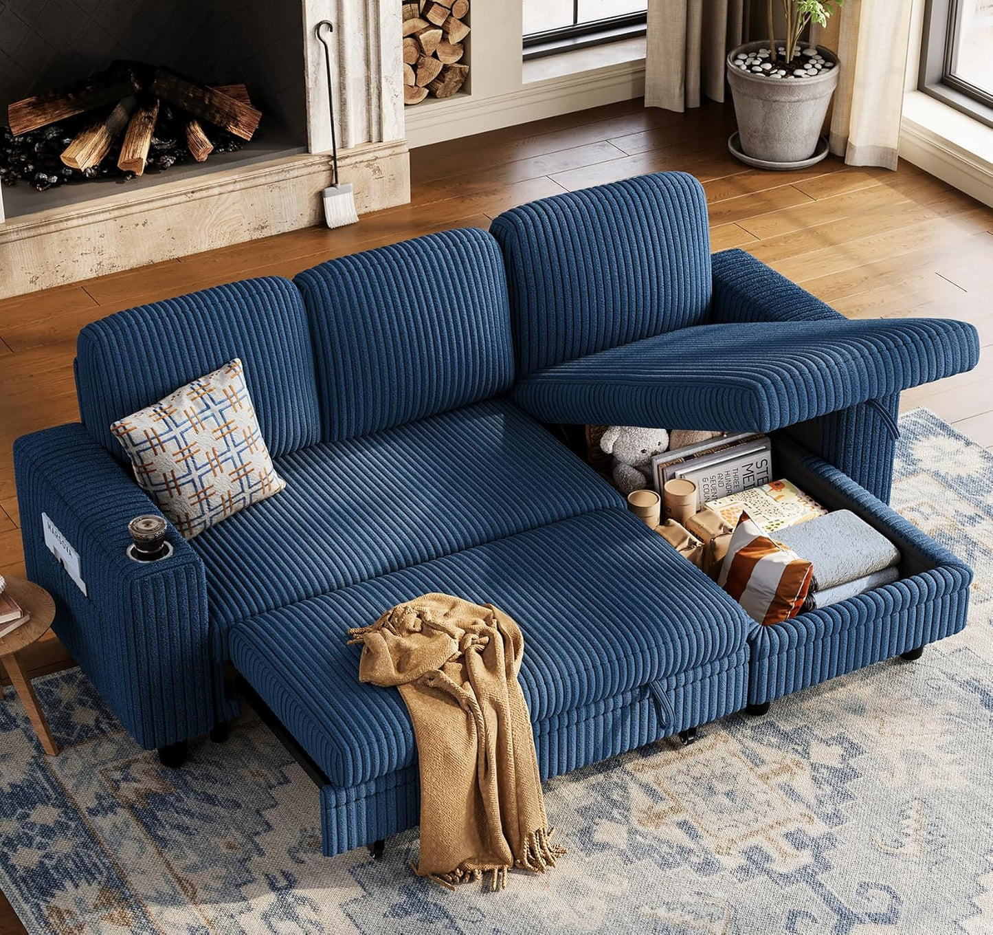 Sectional Sleeper Sofa Pull Out Couches for Living Room (Blue, Sleeper Sofa 1) | Pull Out Sofa Bed, Storage, USB Charging, Cup Holders, Plush Corduroy