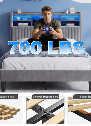 Full-Size Bed Frame with Vertical Channel Tufted Headboard, Integrated Storage Shelves, Velvet Upholstery, Charging Station, LED Lighting, Wooden Slats, and Noise-Free Design in Grey