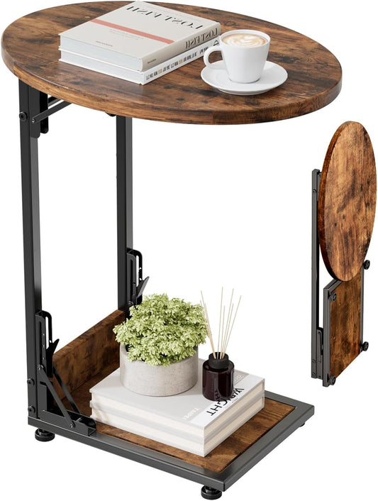 Folding Side Table End Couch Tables,Metal Frame C-Shaped TV Stand for Sofa Living Bedroom Bedside Coffee Small Spaces(Vintage Wood Color)