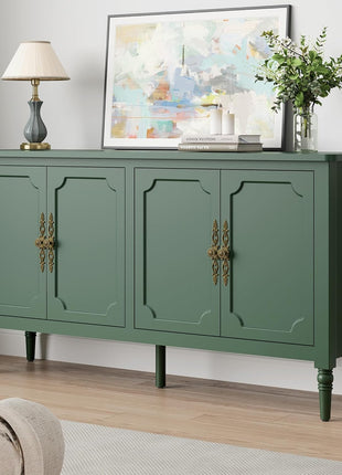 59-Inch Vintage Buffet Cabinet with Adjustable Shelves and Carved Handle, Mid-Century Modern Forest Green Sideboard for Kitchen and Dining Room
