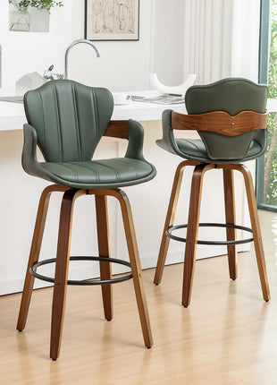Set of 2 Mid-Century Modern 30-Inch Swivel Bar Stools with Arms, Green Faux Leather Upholstery and Walnut Wood Frame, Fishtail Back Design