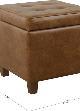 Square Tufted Storage Ottoman in Distressed Brown Faux Leather with Compact Design