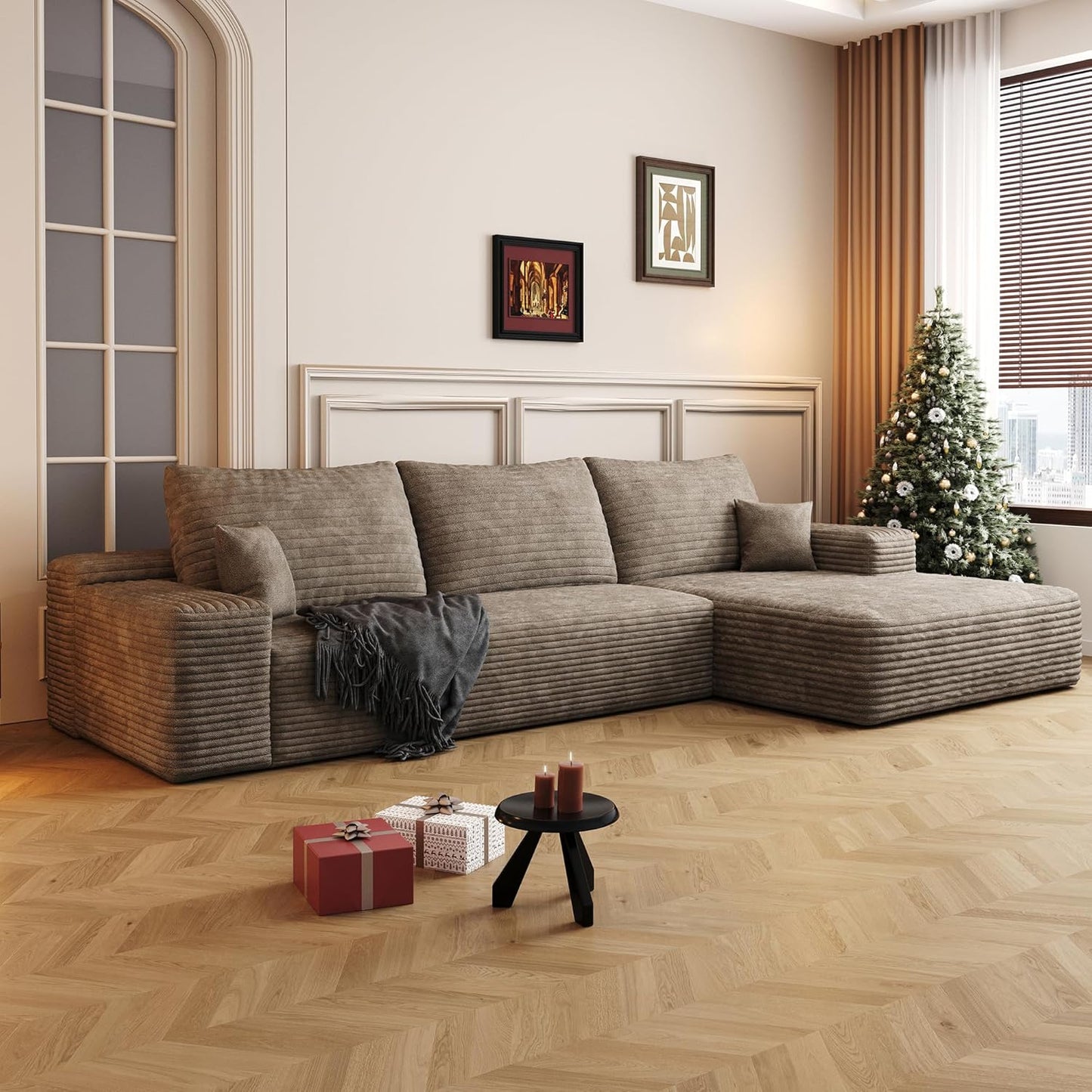 108" Sectional Couches for Living Room Modern Modular Sofa with L-Shape Couchs Upholstered Boneless Couch Deep Seat Sectional Couch with Chaise (Camel, Right Facing Chaise+2Seaters)