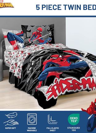 Spiderman Twin Bedding Set - 5 Piece Comforter Set with Sheets and Pillow Covers, Soft and Cozy Black Design for Stylish Kids' Room Decor