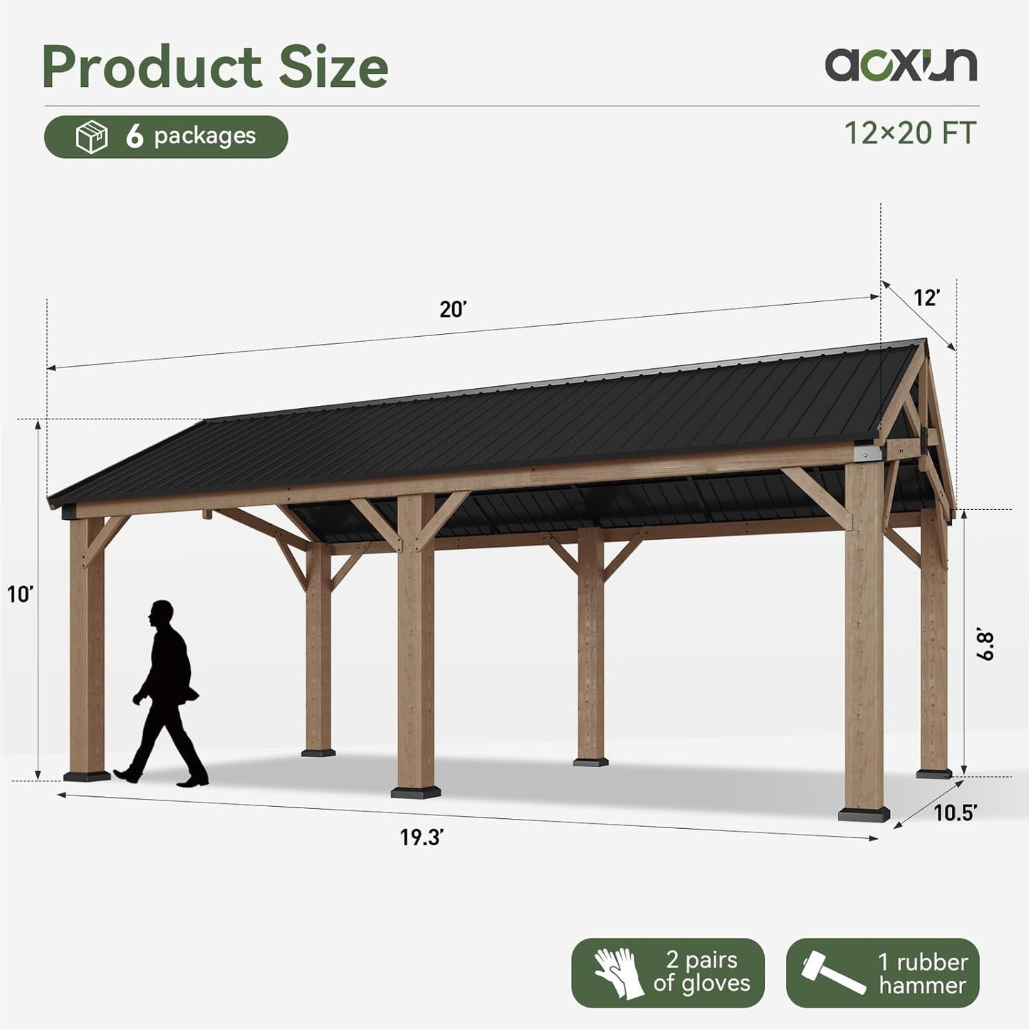 12' X 20' Outdoor Wood Gazebo, Hardtop Gazebo Permanent Wooden Pavilion with Galvanized Steel Gable Roof, for Patio, Garden, Deck, Cedar Wood