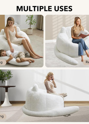 Large Cat-Shaped Bean Bag Chair - Faux Fur Upholstered Sofa for Adults with Padded Design and Cat Tail Accent, Soft Living Room Chair (White)