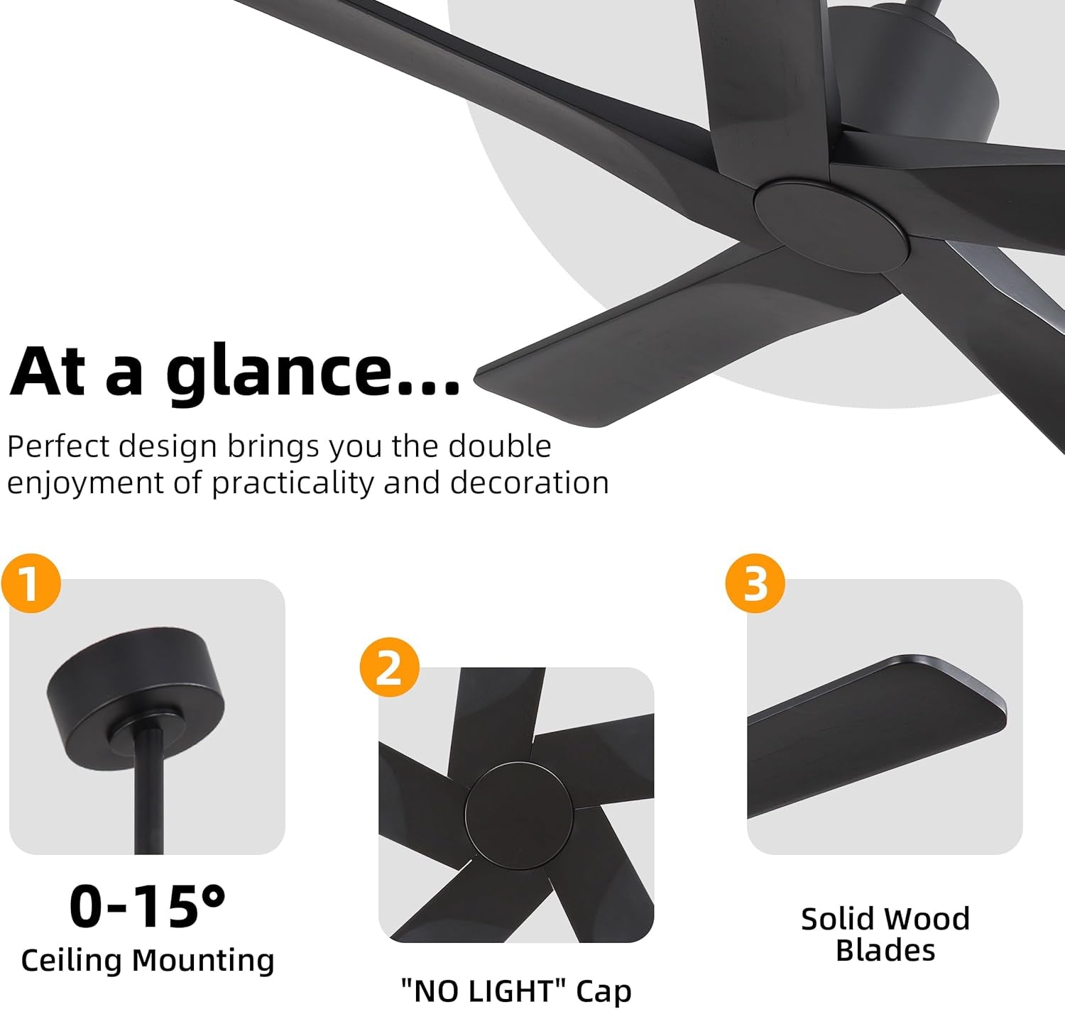 48" DC Ceiling Fan No Light - 5 Carved Solid Wood Blades, 6-Speed Reversible DC Motor, Ceiling Fan without Lights for Living Room Bedroom Kitchen Patio, Indoor and Outdoor, Matte Black