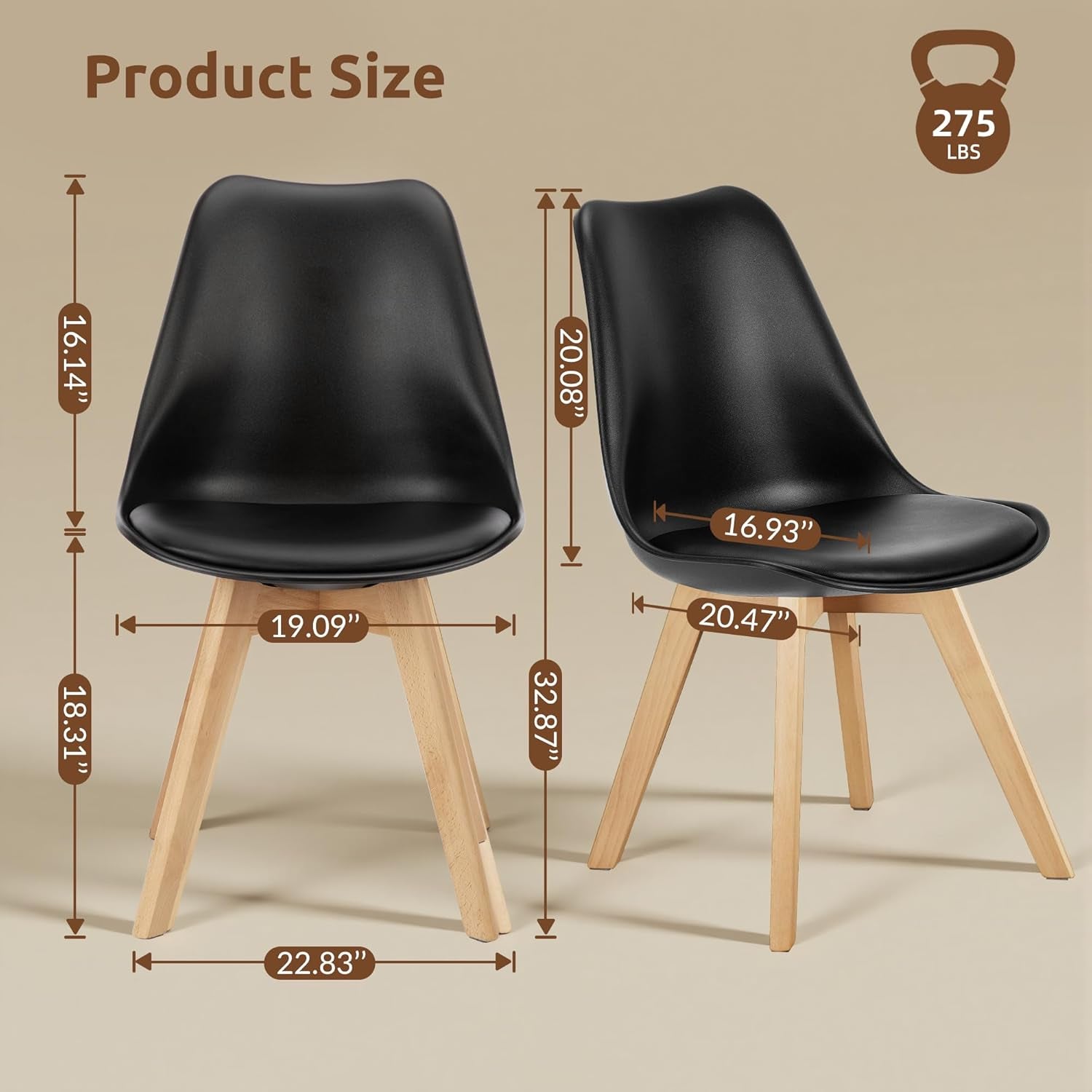 Dining Chairs Set of 4, Modern Upholstered Dining Room Chairs with PU Leather Padded Seat, Armless Kitchen Chairs with Curved Backrest and Solid Wood Legs for Dining Room, Kitchen, Apartment, Black