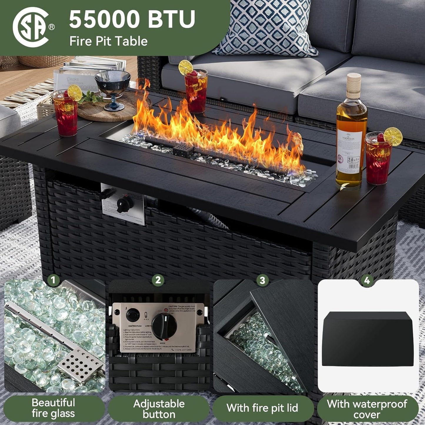 8 Piece Patio Furniture Set with 44” Fire Pit Table Wicker Rattan Patio Sectional Sofa Set Outdoor Seating Furniture with Thickened Cushion, Grey