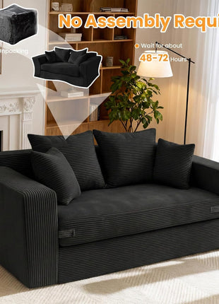 55" Convertible Boneless Loveseat Sleeper Sofa Bed with 4 Pillows - Black Corduroy, Ideal for Living Room, Guest Room, and Small Spaces, No Assembly Required