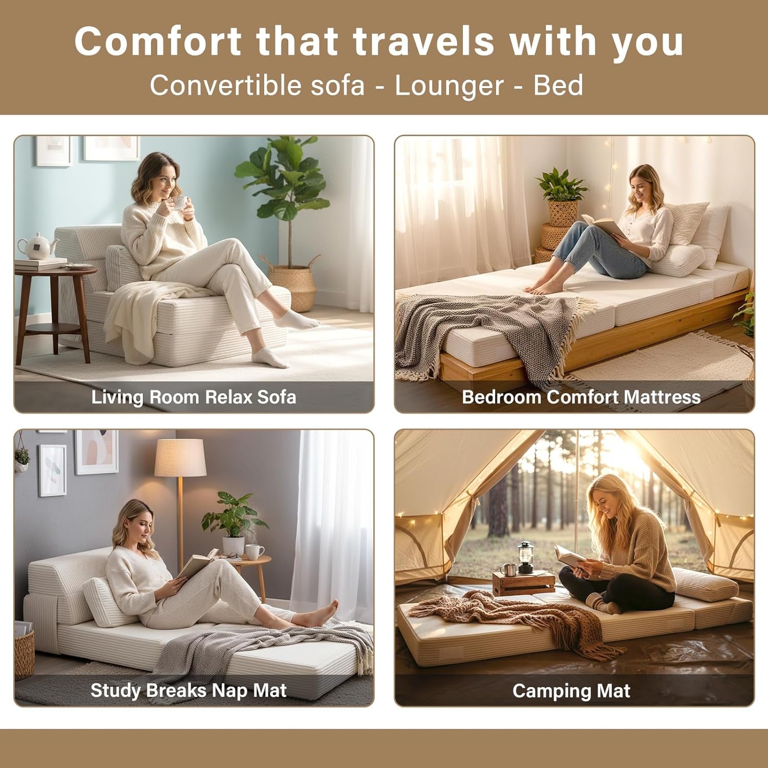 Folding Sofa Bed with Pillow, Memory Foam Fold Out Chair Bed, Single Size Convertible Chair Floor Couch & Sleeping Mattress, Foldable Sleeper Sofa Bed for Guest Room, Living Room, Beige