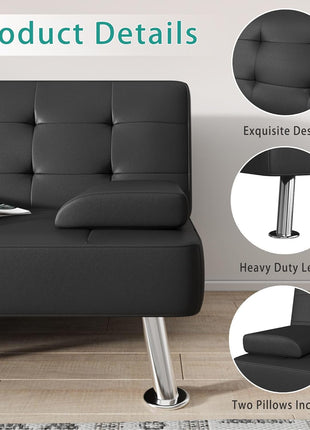 Modern Convertible Futon Sofa Bed with Recliner Lounge and Removable Armrests, Black PU Leather, Featuring Dual Cup Holders